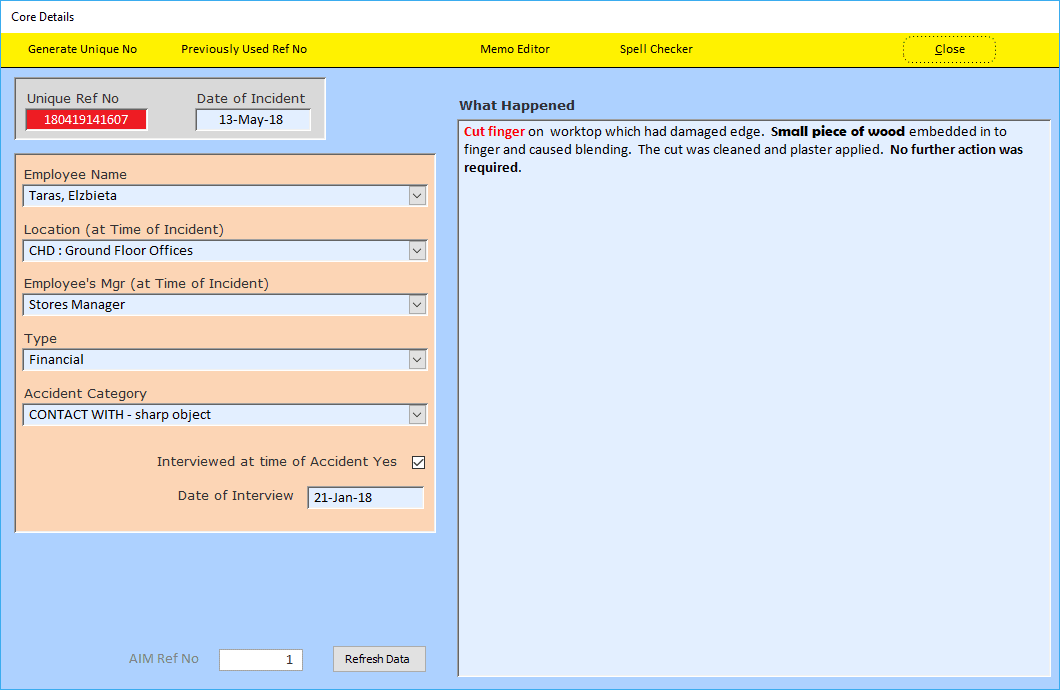 Accident Investigation and Management core details full edit mode