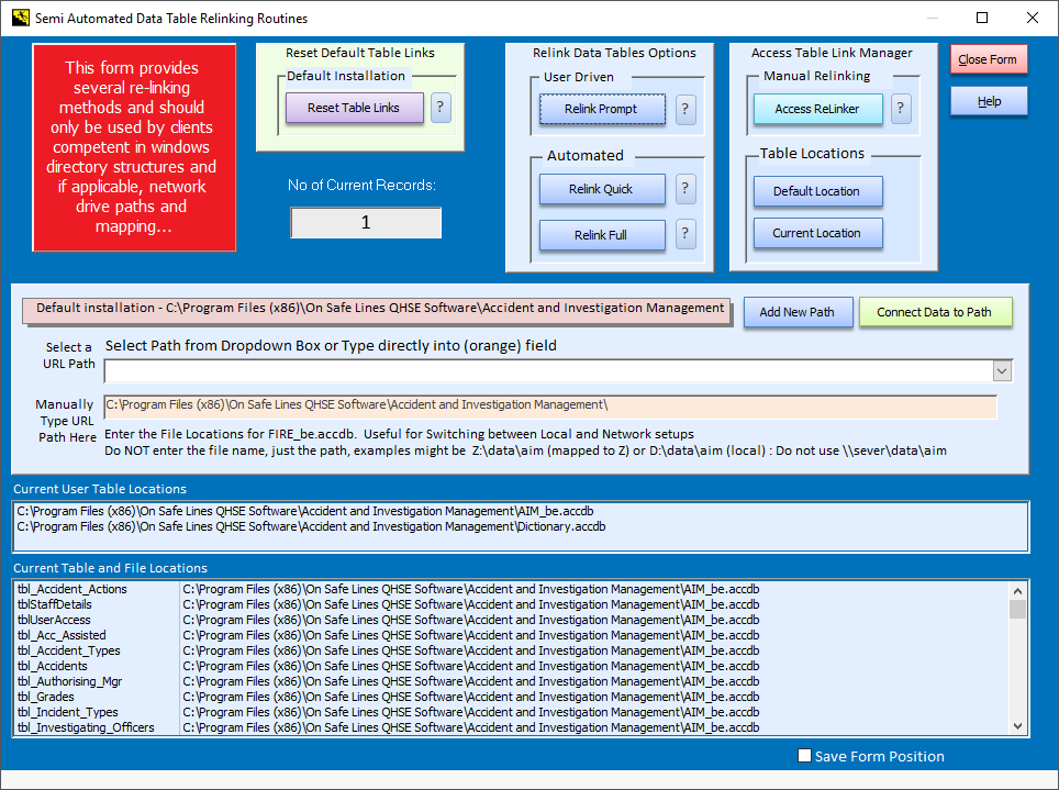 Accident Investigation and Management relinking data tables form