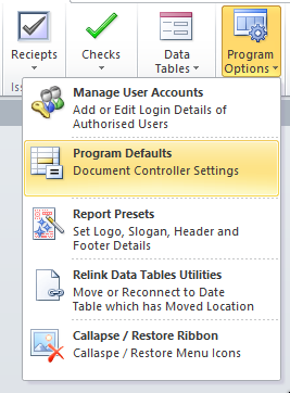 Documentation Information Control System Software Program Defaults Ribbon Menu