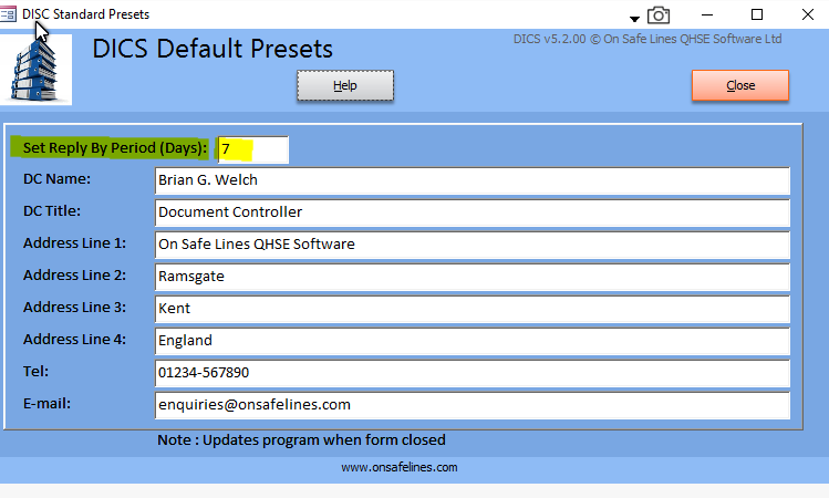 Documentation Information Control System Software Program Defaults Form