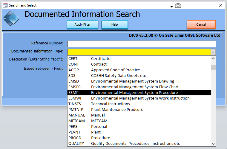 Documentation Information Control System Software Search Form Example 1