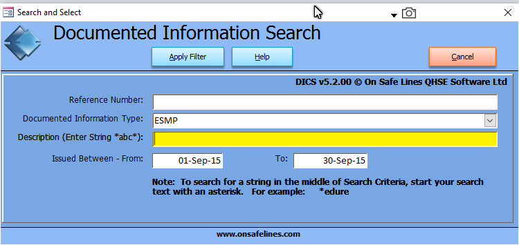 Documentation Information Control System Software Search Form Example 2