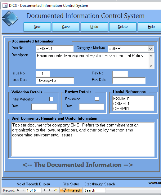 Documentation Information Control System Software Main Input Form The Log