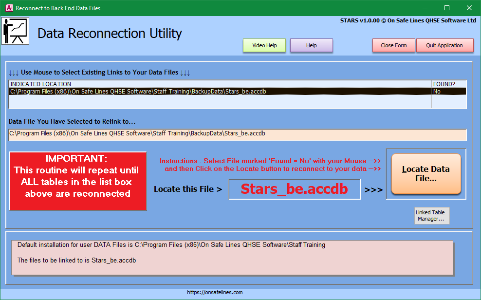 Staff Training and Records System Data Reconnection Utility Locate File