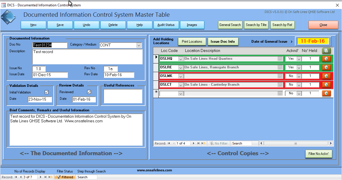 Documentation Information Control System Software Main Input Form
