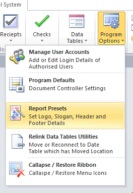 Documentation Information Control System Software Report Presets Ribbon Menu