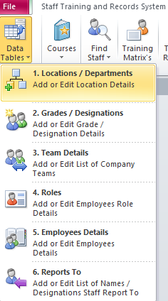 Staff Training and Records System Menu Locations