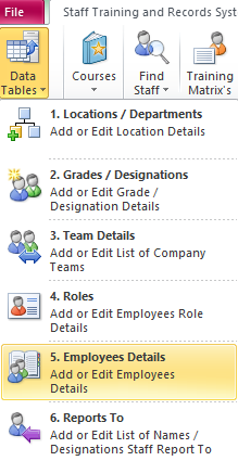 Staff Training and Records System Menu Staff