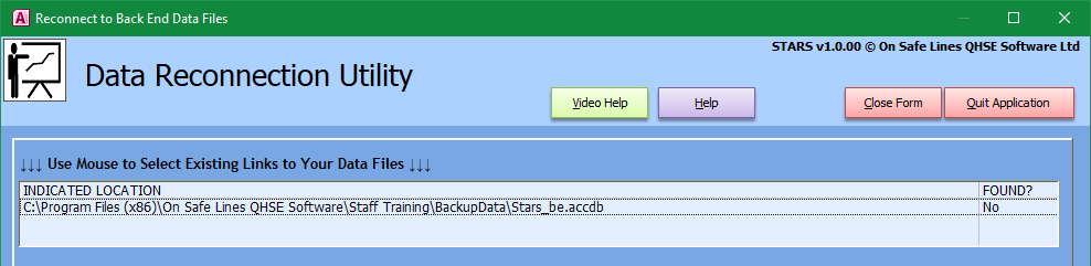 Staff Training and Records System Data Reconnection Utility File Not Found