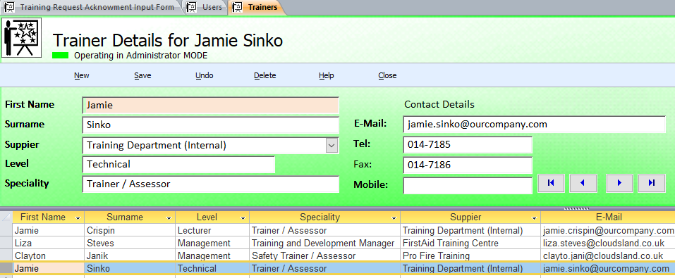 Staff Training and Records System Traininer Details Form