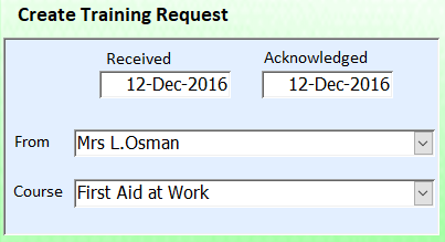 Staff Training and Records System Training Course Dropdown Box