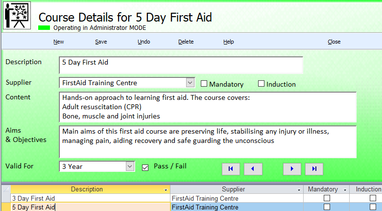 Staff Training and Records System Courses Form