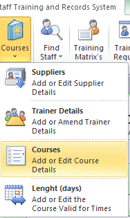Staff Training and Records System Menu Courses